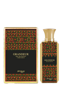 The image showcases "GRANDEUR" eau de parfum by Zimaya, along with its decorative box. The perfume bottle is rectangular with a bold geometric pattern in red, green, and gold, echoing traditional designs. A simple gold cap tops the bottle. The matching box mirrors the bottle's design with a black background, creating a striking contrast.