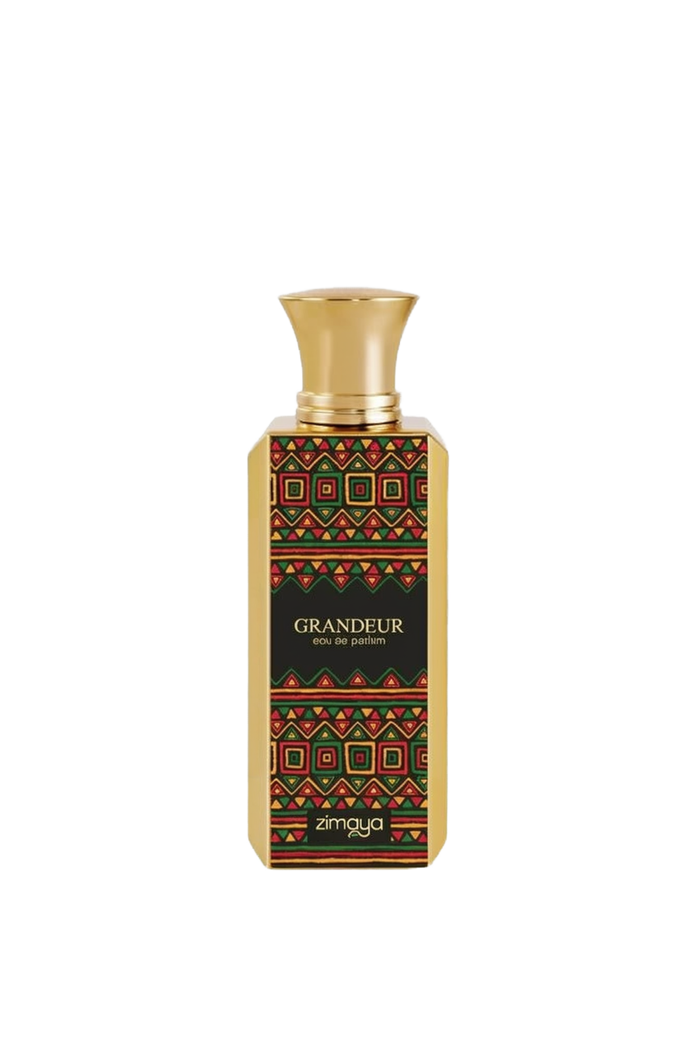 A photo of the GRANDEUR eau de parfum by Zimaya, featuring a tall rectangular bottle with a richly patterned label in red, green, and gold geometric shapes on a black background. The bottle has a polished gold cap, and the brand name "zimaya" is displayed at the bottom in white letters, with the perfume's name "GRANDEUR" and "eau de parfum" just above it in smaller white font.