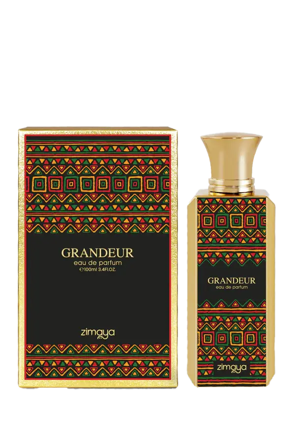 The image showcases "GRANDEUR" eau de parfum by Zimaya, along with its decorative box. The perfume bottle is rectangular with a bold geometric pattern in red, green, and gold, echoing traditional designs. A simple gold cap tops the bottle. The matching box mirrors the bottle's design with a black background, creating a striking contrast.