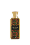 A photo of the GRANDEUR eau de parfum by Zimaya, featuring a tall rectangular bottle with a richly patterned label in red, green, and gold geometric shapes on a black background. The bottle has a polished gold cap, and the brand name "zimaya" is displayed at the bottom in white letters, with the perfume's name "GRANDEUR" and "eau de parfum" just above it in smaller white font.