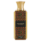Zimaya Grandeur Eau de Parfum gold bottle with a bold, colorful red, green, and black geometric pattern.