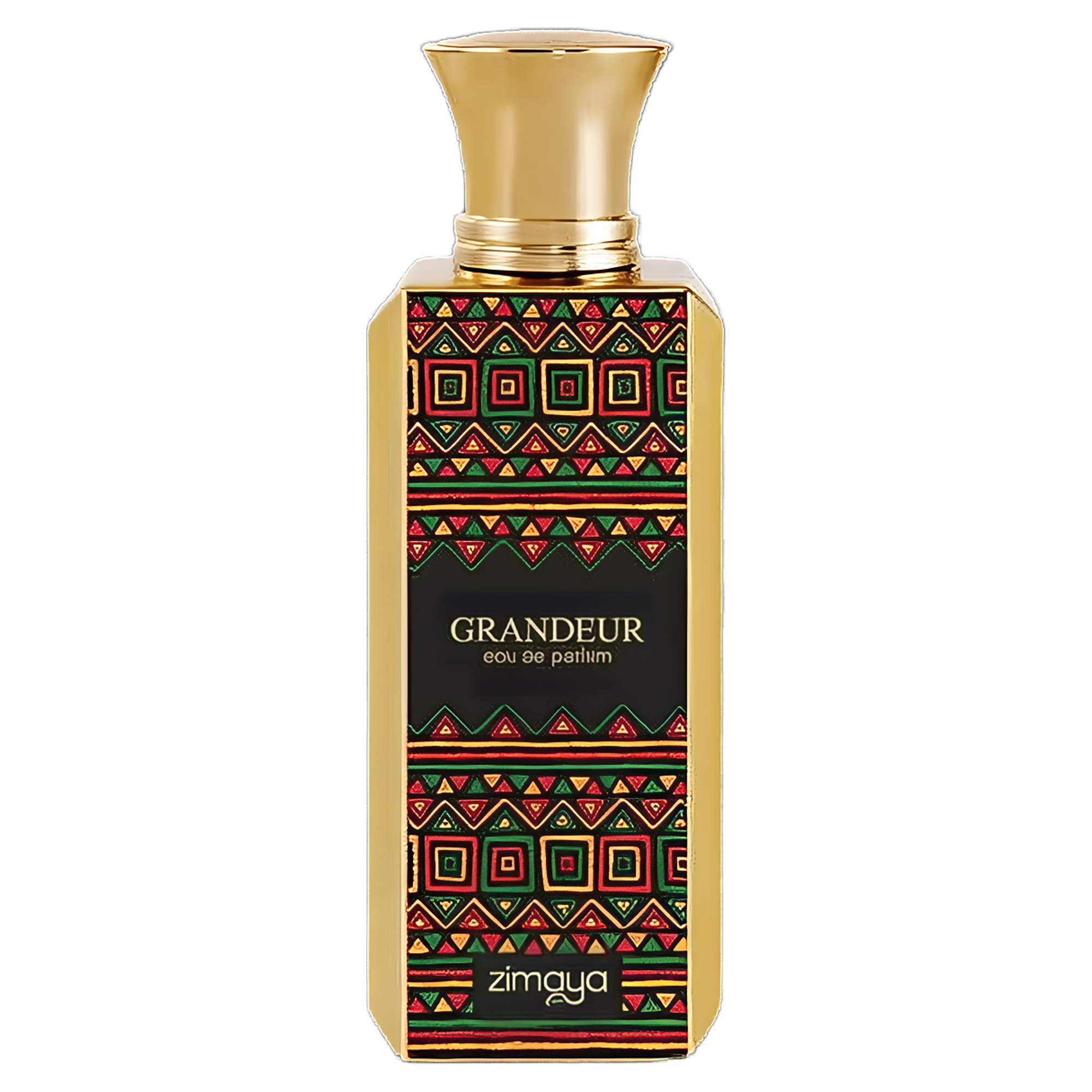 Zimaya Grandeur Eau de Parfum gold bottle with a bold, colorful red, green, and black geometric pattern.