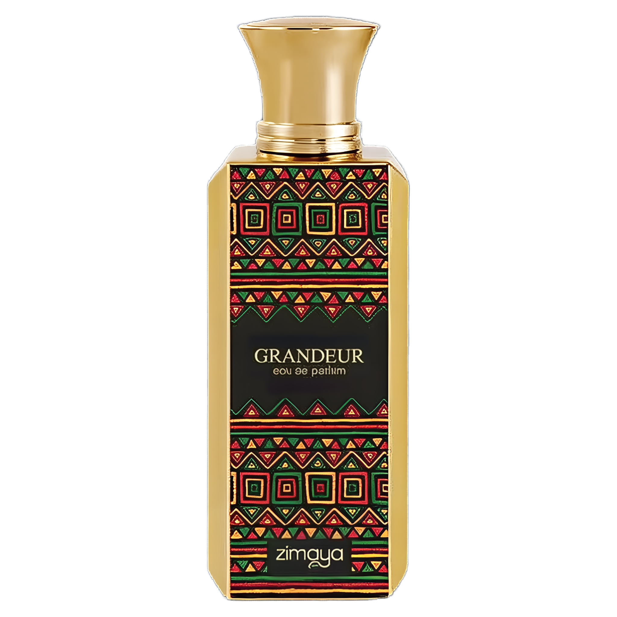 Zimaya Grandeur Eau de Parfum gold bottle with a bold, colorful red, green, and black geometric pattern.