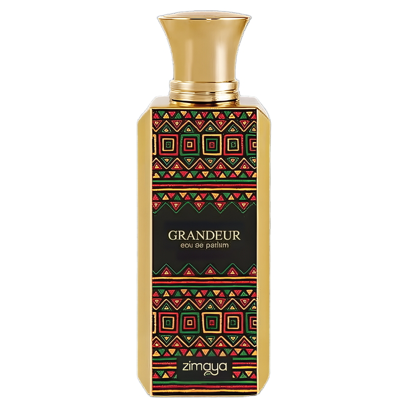Zimaya Grandeur Eau de Parfum gold bottle with a bold, colorful red, green, and black geometric pattern.