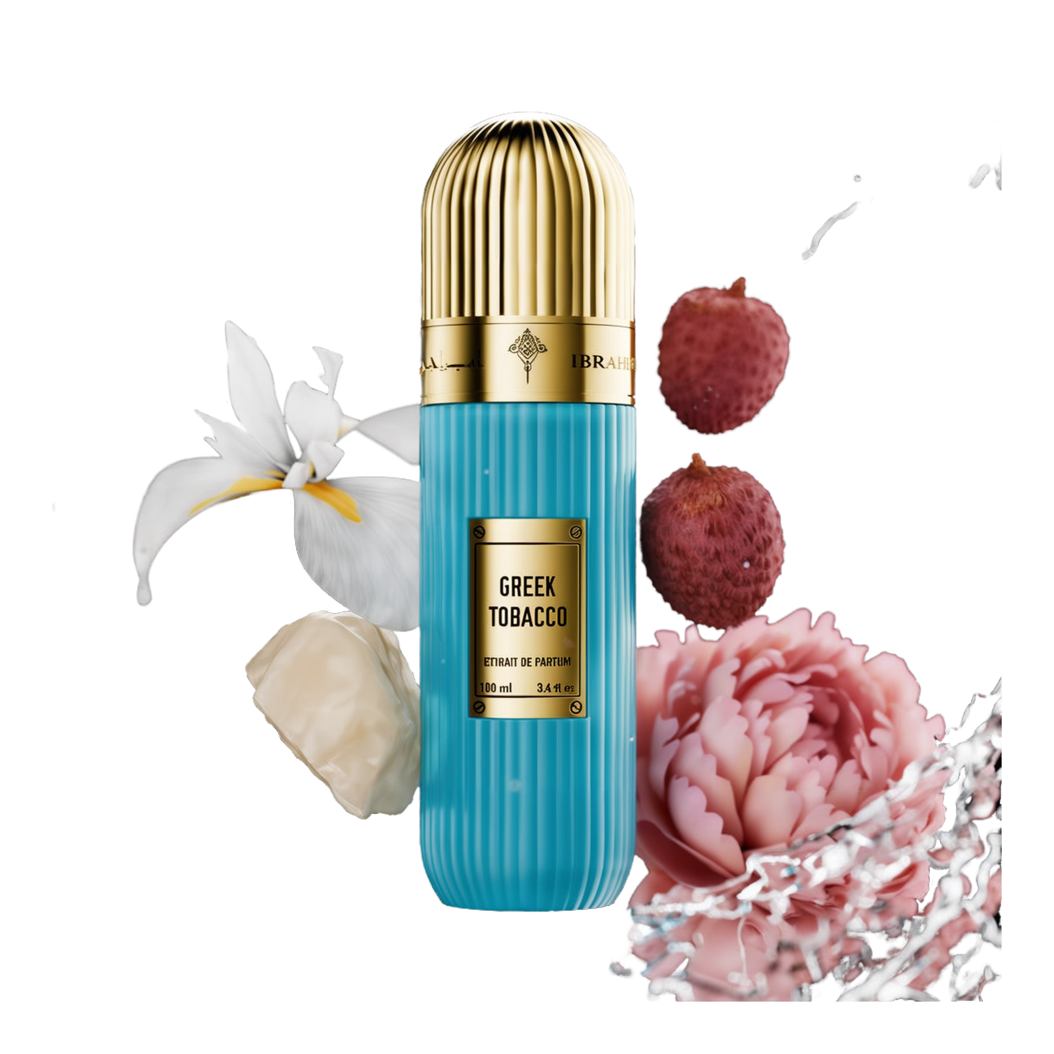 A visually striking presentation of Greek Tobacco Extrait De Parfum by Ibraheem Al-Qurashi. The vertically ribbed light blue bottle with a metallic gold dome cap is surrounded by splashes of water and key fragrance elements, including white orchid petals, pink lychee, a pale rose blossom, and creamy resin. The gold nameplate on the bottle displays 'GREEK TOBACCO' and product details in bold black text. The dynamic black background highlights the freshness and luxurious composition of the scent.