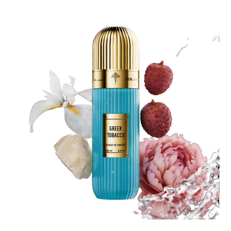 A visually striking presentation of Greek Tobacco Extrait De Parfum by Ibraheem Al-Qurashi. The vertically ribbed light blue bottle with a metallic gold dome cap is surrounded by splashes of water and key fragrance elements, including white orchid petals, pink lychee, a pale rose blossom, and creamy resin. The gold nameplate on the bottle displays 'GREEK TOBACCO' and product details in bold black text. The dynamic black background highlights the freshness and luxurious composition of the scent.