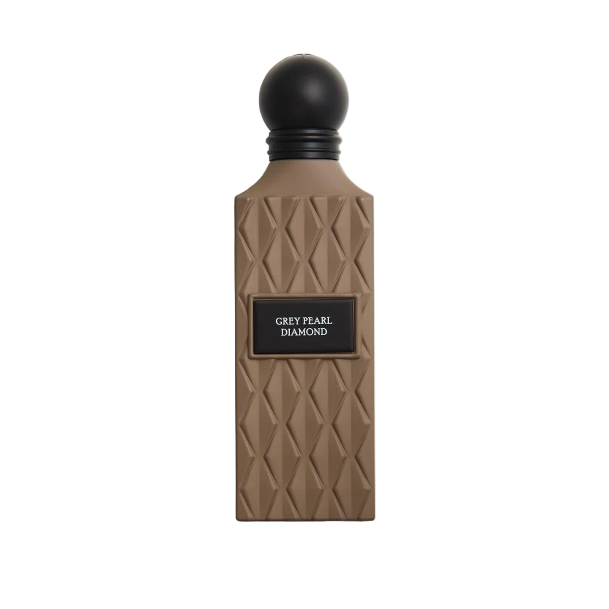 Brown geometric perfume bottle with black round cap and a label reading “Grey Pearl Diamond”.