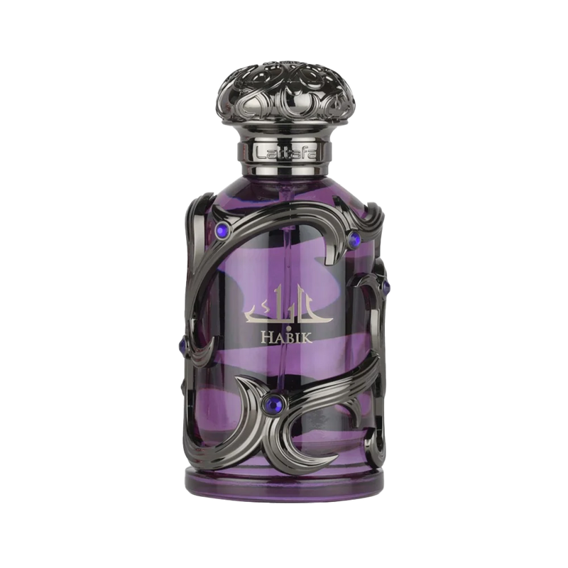 Habik perfume by Lattafa in royal purple bottle with intricate black metal design and blue jewel accents.