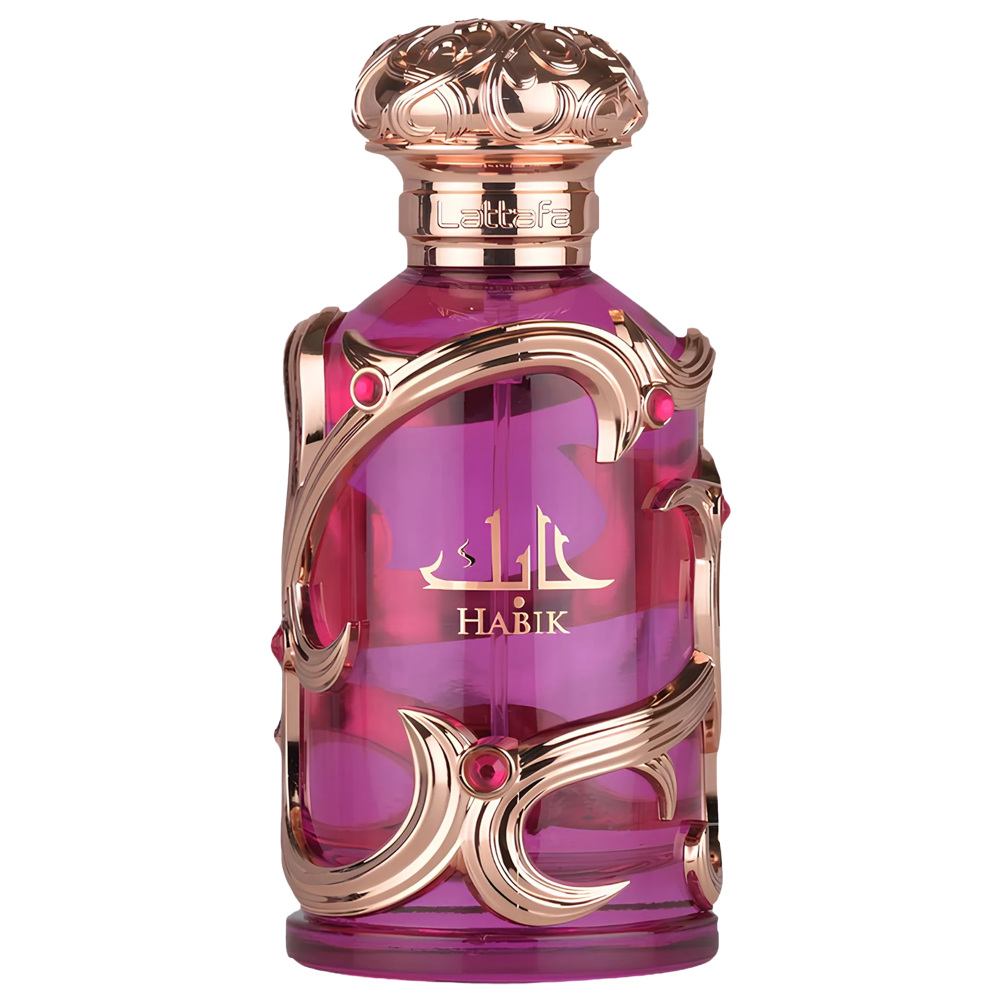 Habik perfume by Lattafa in luxurious purple bottle with ornate gold detailing and jewel accents.