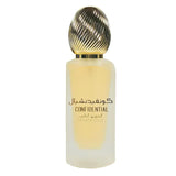 The image features a single bottle of perfume or hair mist with a design that gives a sense of luxury. The bottle has a gradient from yellow to white, suggesting a golden hue at the bottom that fades to a clearer top. It has a metallic, ribbed cap that appears gold in color. The bottle is labeled with the word "CONFIDENTIAL" in uppercase letters, along with Arabic script above it. 