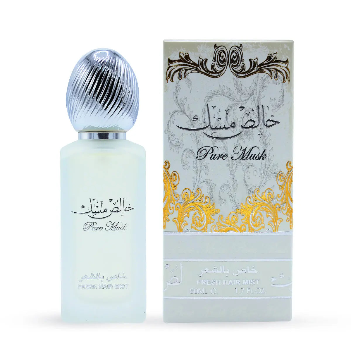  The image shows a product setup which includes a perfume or hair mist bottle next to its packaging box. The box is off-white with a decorative design featuring floral motifs in gold and possibly silver. Below the ornate design, there's a label that reads "FRESH HAIR MIST" along with the volume "50ML" and "1.7 FL.OZ." in English and Arabic.