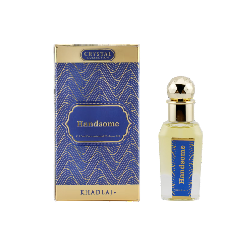 Khadlaj Handsome concentrated perfume oil with blue and gold box and matching bottle.