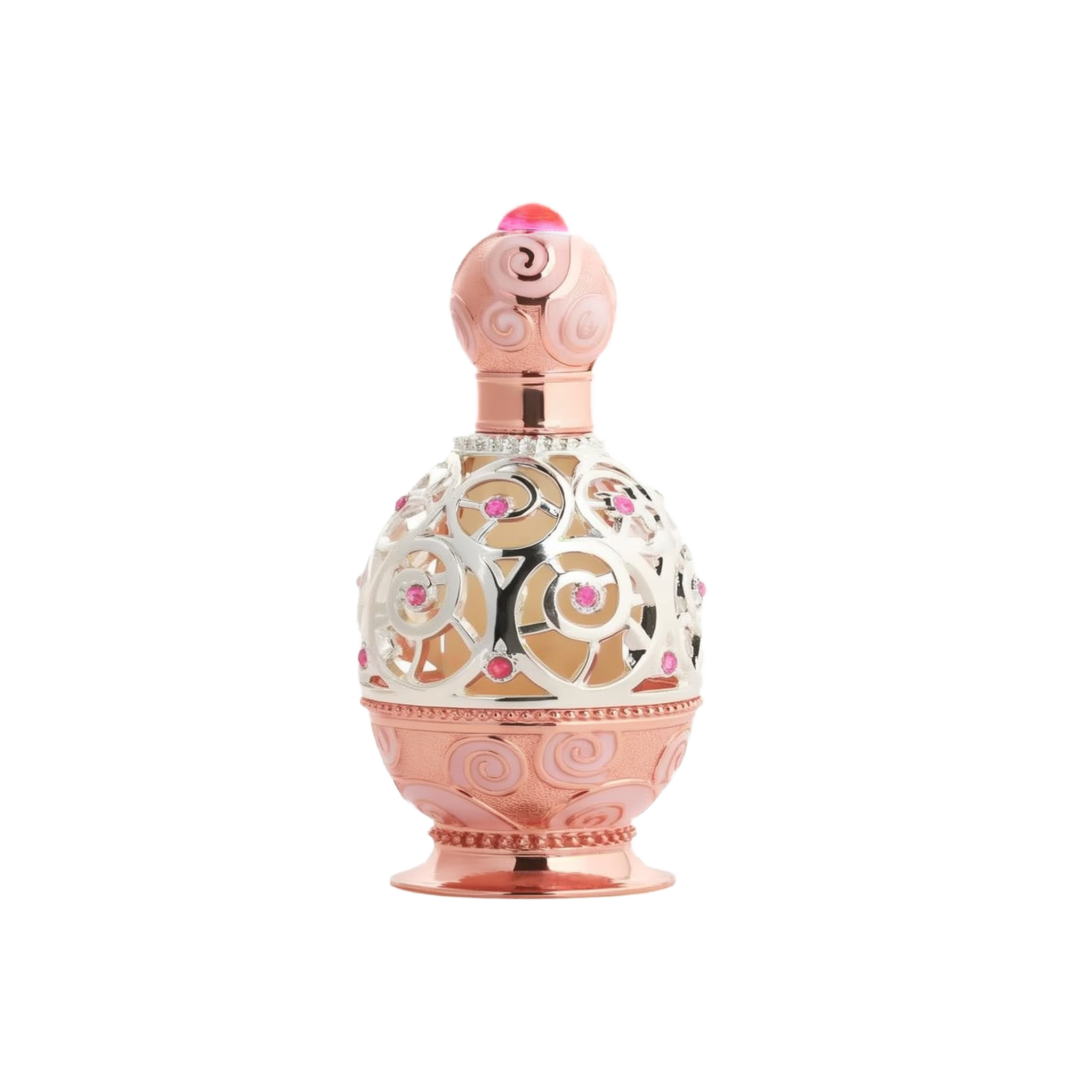 The image depicts an ornate perfume bottle on a white background. The bottle features a rose gold base and cap with intricate swirl patterns embossed on the surface. A decorative metal overlay with filigree designs encases the clear central portion of the bottle, adorned with small pink gemstone accents. The cap is topped with a pink crystal-like element, adding to the luxurious appearance of the bottle.