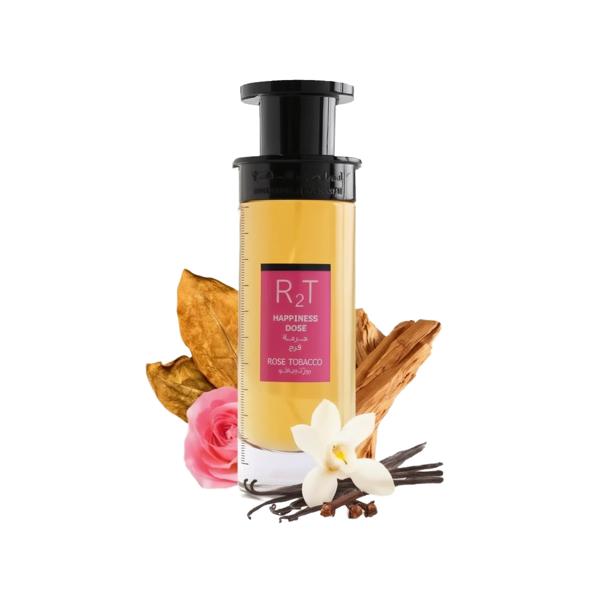 This is an image of a cylindrical clear perfume bottle with a black pump and a yellowish liquid inside, labeled "RT Happiness Dose" with additional text in Arabic and "ROSE TOBACCO" underneath. The bottle is positioned against a white background with a pink rose, a dry tobacco leaf, a cluster of vanilla beans, a white orchid flower, and some cinnamon sticks arranged around it, indicating the scent notes of the perfume.