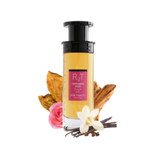 This is an image of a cylindrical clear perfume bottle with a black pump and a yellowish liquid inside, labeled "RT Happiness Dose" with additional text in Arabic and "ROSE TOBACCO" underneath. The bottle is positioned against a white background with a pink rose, a dry tobacco leaf, a cluster of vanilla beans, a white orchid flower, and some cinnamon sticks arranged around it, indicating the scent notes of the perfume.
