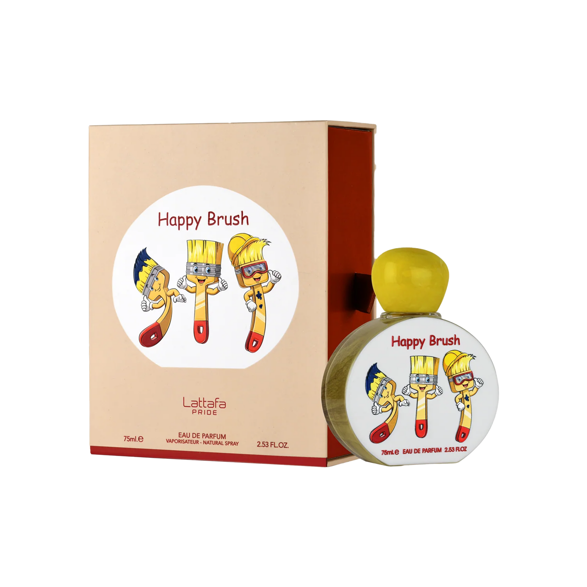 Happy Brush by Lattafa, featuring a playful perfume bottle and box with cartoon paintbrush characters and a bright yellow cap.