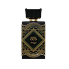 The image shows a perfume bottle for "Happy Oud" by Zimaya. The bottle has a sleek, flat rectangular shape with a black color scheme. It features a ribbed black cap and a gold neck, adding a touch of elegance. The central label is ornate, with a geometric, Art Deco-inspired design in gold lines against a black background, framing a central teal diamond shape. Within this diamond, the words "Happy Oud" are written in a stylized white font, with the brand name "zimaya" below in a smaller font.