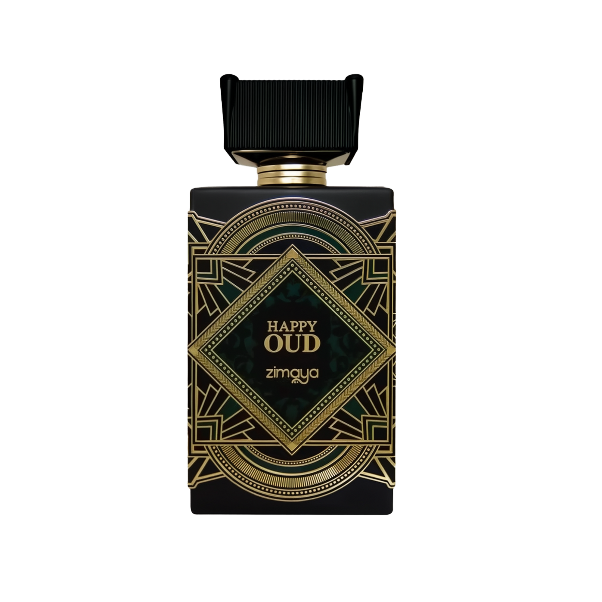 The image shows a perfume bottle for "Happy Oud" by Zimaya. The bottle has a sleek, flat rectangular shape with a black color scheme. It features a ribbed black cap and a gold neck, adding a touch of elegance. The central label is ornate, with a geometric, Art Deco-inspired design in gold lines against a black background, framing a central teal diamond shape. Within this diamond, the words "Happy Oud" are written in a stylized white font, with the brand name "zimaya" below in a smaller font.