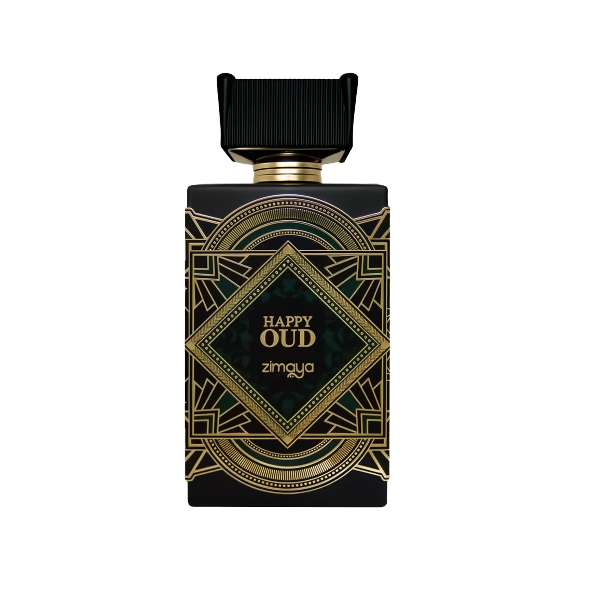 The image shows a perfume bottle for "Happy Oud" by Zimaya. The bottle has a sleek, flat rectangular shape with a black color scheme. It features a ribbed black cap and a gold neck, adding a touch of elegance. The central label is ornate, with a geometric, Art Deco-inspired design in gold lines against a black background, framing a central teal diamond shape. Within this diamond, the words "Happy Oud" are written in a stylized white font, with the brand name "zimaya" below in a smaller font.