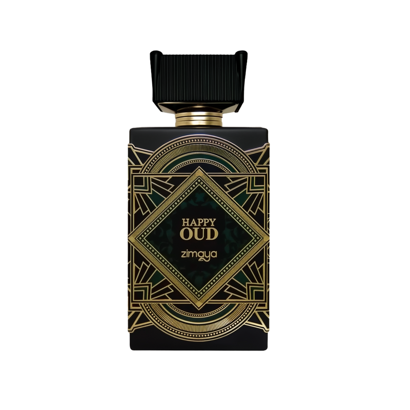 The image shows a perfume bottle for "Happy Oud" by Zimaya. The bottle has a sleek, flat rectangular shape with a black color scheme. It features a ribbed black cap and a gold neck, adding a touch of elegance. The central label is ornate, with a geometric, Art Deco-inspired design in gold lines against a black background, framing a central teal diamond shape. Within this diamond, the words "Happy Oud" are written in a stylized white font, with the brand name "zimaya" below in a smaller font.