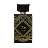 The image shows a perfume bottle for "Happy Oud" by Zimaya. The bottle has a sleek, flat rectangular shape with a black color scheme. It features a ribbed black cap and a gold neck, adding a touch of elegance. The central label is ornate, with a geometric, Art Deco-inspired design in gold lines against a black background, framing a central teal diamond shape. Within this diamond, the words "Happy Oud" are written in a stylized white font, with the brand name "zimaya" below in a smaller font.
