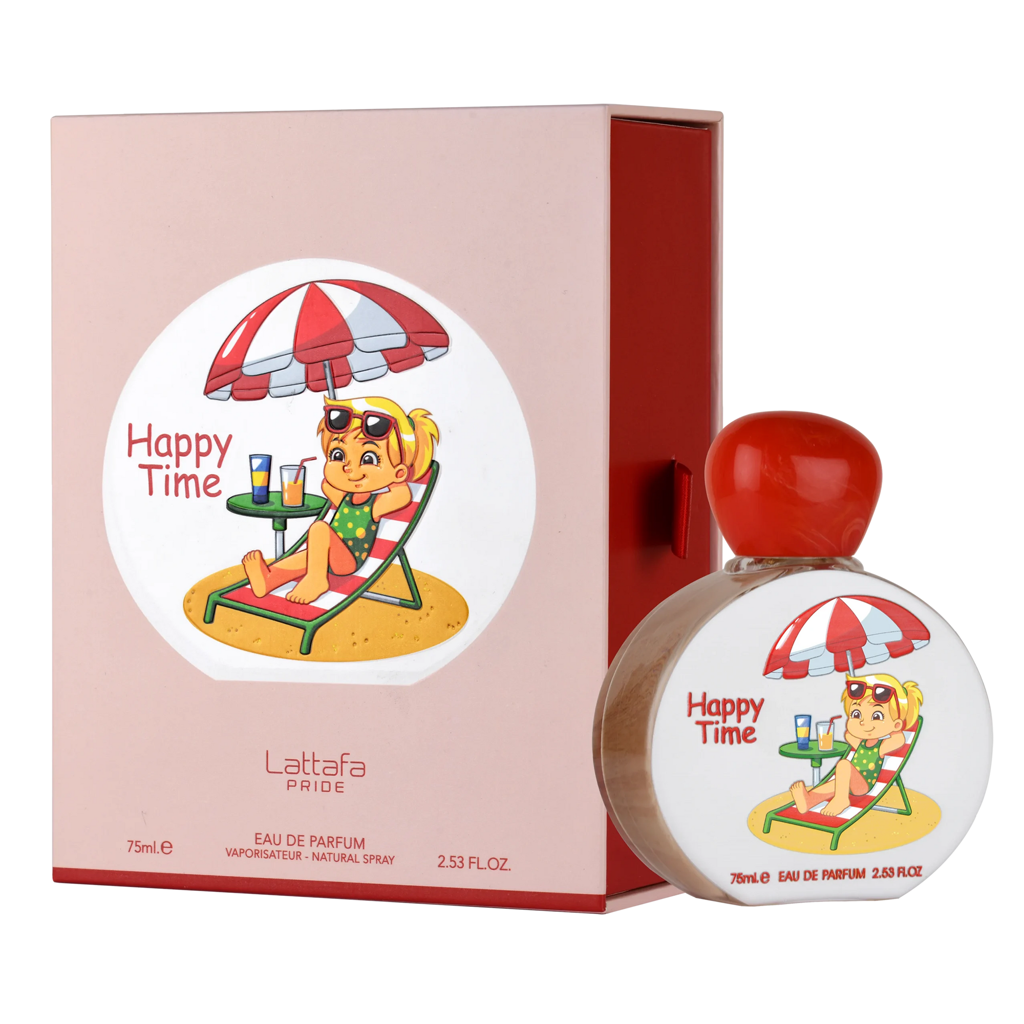 Lattafa Happy Time perfume bottle and packaging with cartoon design.
