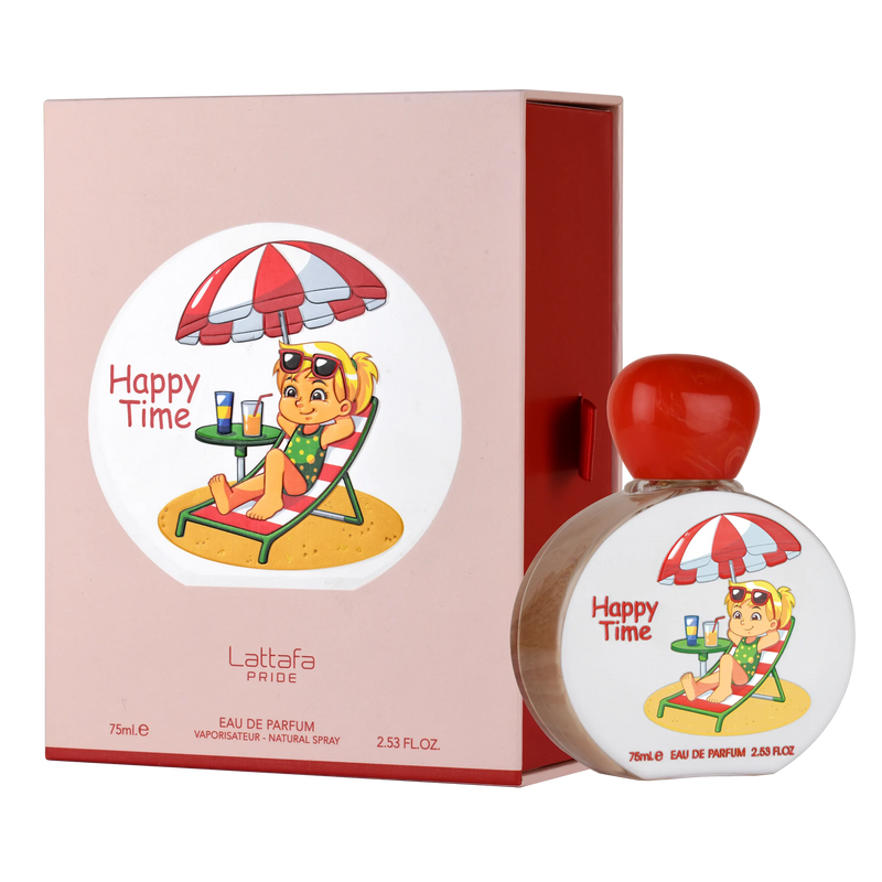 Lattafa Happy Time perfume bottle and packaging with cartoon design.
