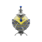 A luxurious perfume box and bottle from the brand Khadlaj, named Hareem Al Sultan Blue. The box is designed with intricate silver and blue patterns, featuring an ornate design that exudes elegance and sophistication. The perfume bottle is shaped like a teardrop and embellished with detailed silver and blue decorations.  The bottle has a prominent blue jewel at its center and is topped with a silver cap adorned with a blue gem.