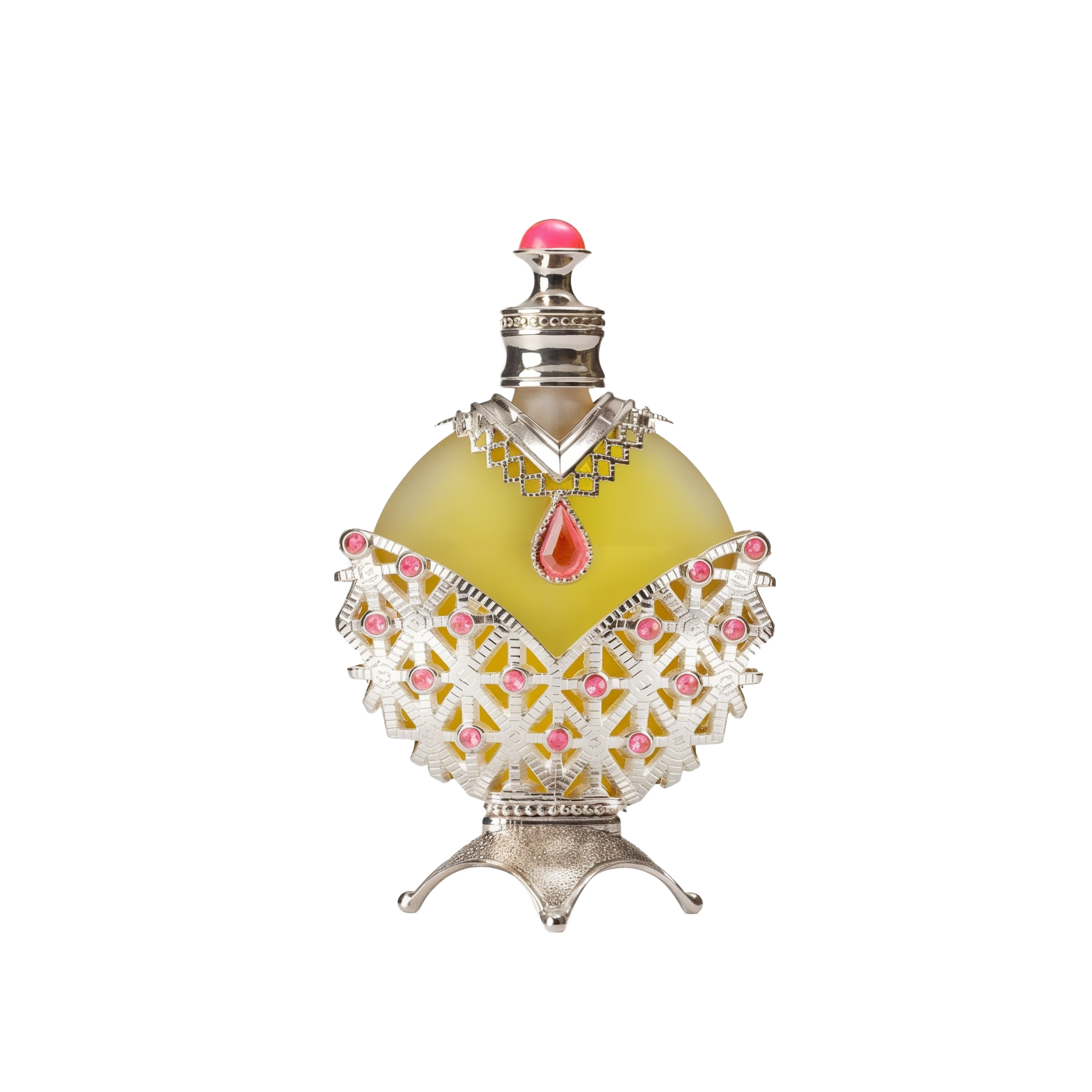 A round perfume bottle with a yellowish-green liquid, adorned with intricate silver and pink detailing, including a red teardrop-shaped gemstone at the center and a silver cap with a pink top.