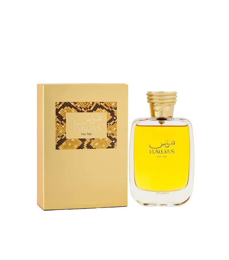 A clear rectangular perfume bottle with a golden-hued fragrance and a textured gold cap, labeled “Hawas For Her,” shown beside its matching gold box featuring a snakeskin-patterned accent and the same “Hawas For Her” text.