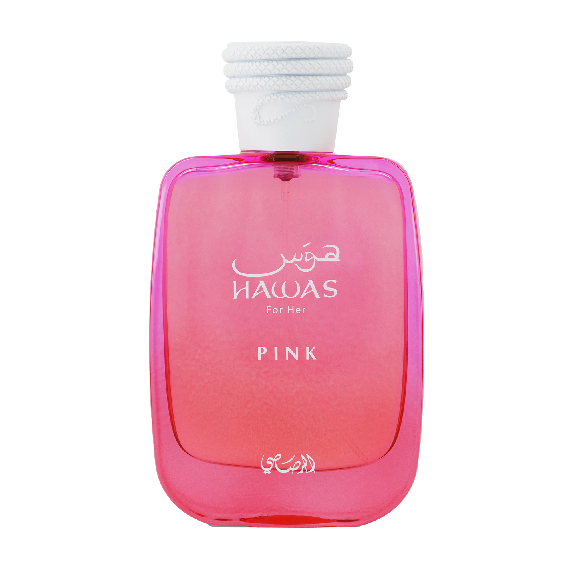 Gradient pink glass perfume bottle with white rope-wrapped cap and Hawas for Her Pink lettering on front.