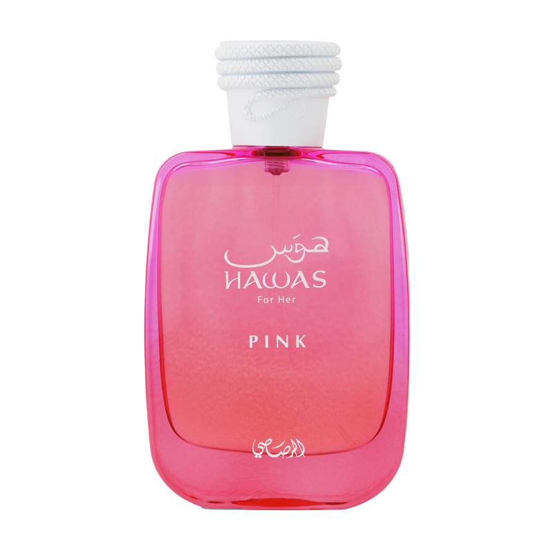 Gradient pink glass perfume bottle with white rope-wrapped cap and Hawas for Her Pink lettering on front.