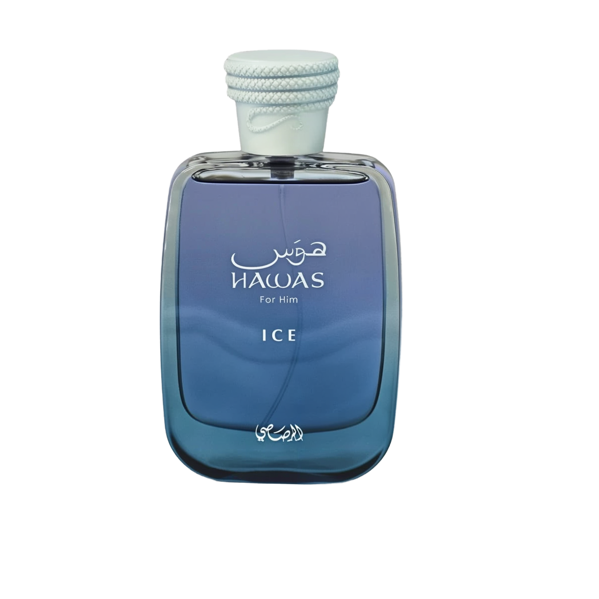 The image displays a perfume bottle named HAWAS ICE For Him. The bottle has a sleek, rectangular shape with rounded edges and a gradient design transitioning from transparent to a deep blue color, suggesting a cool or icy theme. It features white text with the product name and "For Him" both in English and Arabic script. The cap is textured and white, with a rope-like detail wrapped around it, enhancing the nautical or fresh theme of the product.