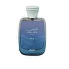 The image displays a perfume bottle named HAWAS ICE For Him. The bottle has a sleek, rectangular shape with rounded edges and a gradient design transitioning from transparent to a deep blue color, suggesting a cool or icy theme. It features white text with the product name and "For Him" both in English and Arabic script. The cap is textured and white, with a rope-like detail wrapped around it, enhancing the nautical or fresh theme of the product.