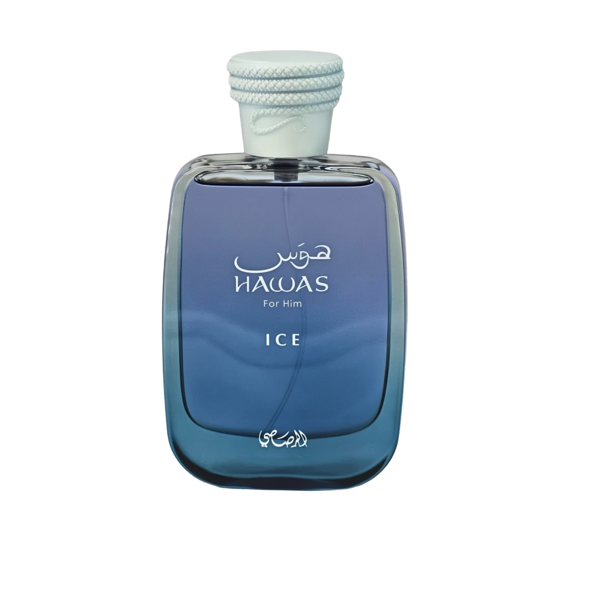 The image displays a perfume bottle named HAWAS ICE For Him. The bottle has a sleek, rectangular shape with rounded edges and a gradient design transitioning from transparent to a deep blue color, suggesting a cool or icy theme. It features white text with the product name and "For Him" both in English and Arabic script. The cap is textured and white, with a rope-like detail wrapped around it, enhancing the nautical or fresh theme of the product.