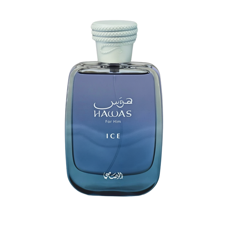 The image displays a perfume bottle named HAWAS ICE For Him. The bottle has a sleek, rectangular shape with rounded edges and a gradient design transitioning from transparent to a deep blue color, suggesting a cool or icy theme. It features white text with the product name and "For Him" both in English and Arabic script. The cap is textured and white, with a rope-like detail wrapped around it, enhancing the nautical or fresh theme of the product.