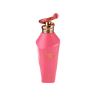 The image shows a close-up of a perfume bottle without its packaging. The bottle has a bright matte pink finish with gold accents. The cap is particularly distinctive, featuring a gold ring and a red and gold patterned design that extends upwards, resembling a handle or decorative element. The front of the bottle is adorned with the brand's name in a golden, stylized script, and the word "zimaya" is printed beneath it in a smaller font. The design elements suggest a feminine and luxurious fragrance product.