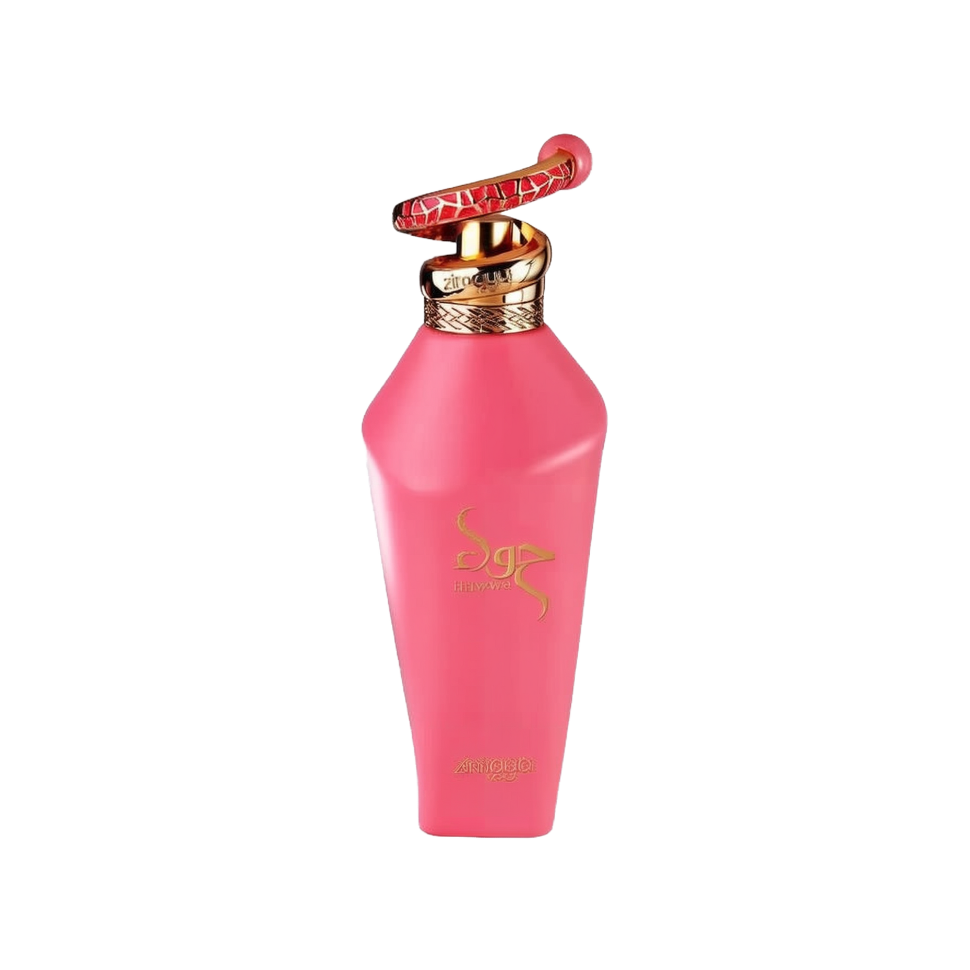 The image shows a close-up of a perfume bottle without its packaging. The bottle has a bright matte pink finish with gold accents. The cap is particularly distinctive, featuring a gold ring and a red and gold patterned design that extends upwards, resembling a handle or decorative element. The front of the bottle is adorned with the brand's name in a golden, stylized script, and the word "zimaya" is printed beneath it in a smaller font. The design elements suggest a feminine and luxurious fragrance product.