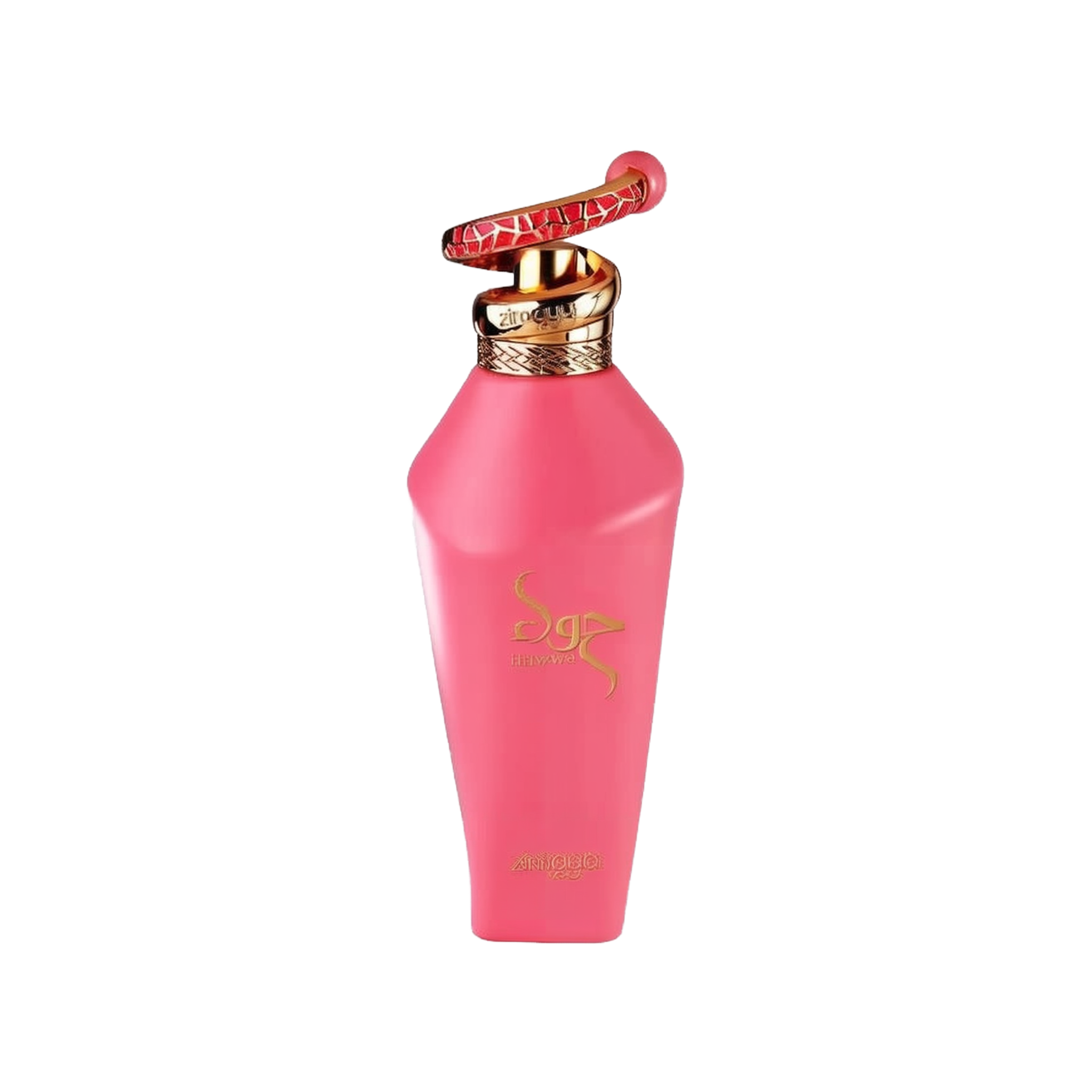 The image shows a close-up of a perfume bottle without its packaging. The bottle has a bright matte pink finish with gold accents. The cap is particularly distinctive, featuring a gold ring and a red and gold patterned design that extends upwards, resembling a handle or decorative element. The front of the bottle is adorned with the brand's name in a golden, stylized script, and the word "zimaya" is printed beneath it in a smaller font. The design elements suggest a feminine and luxurious fragrance product.