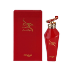 The image features a red perfume bottle alongside its box. The bottle has a glossy red finish with a gold cap, topped by a distinctive ring with a red and gold patterned design. Gold lettering on the bottle spells out the brand's name in an elegant, cursive script followed by the word "zimaya" in a smaller, standard font. The rectangular box mirrors the bottle's color scheme and includes the same branding in gold lettering. The overall presentation suggests a luxurious fragrance product.