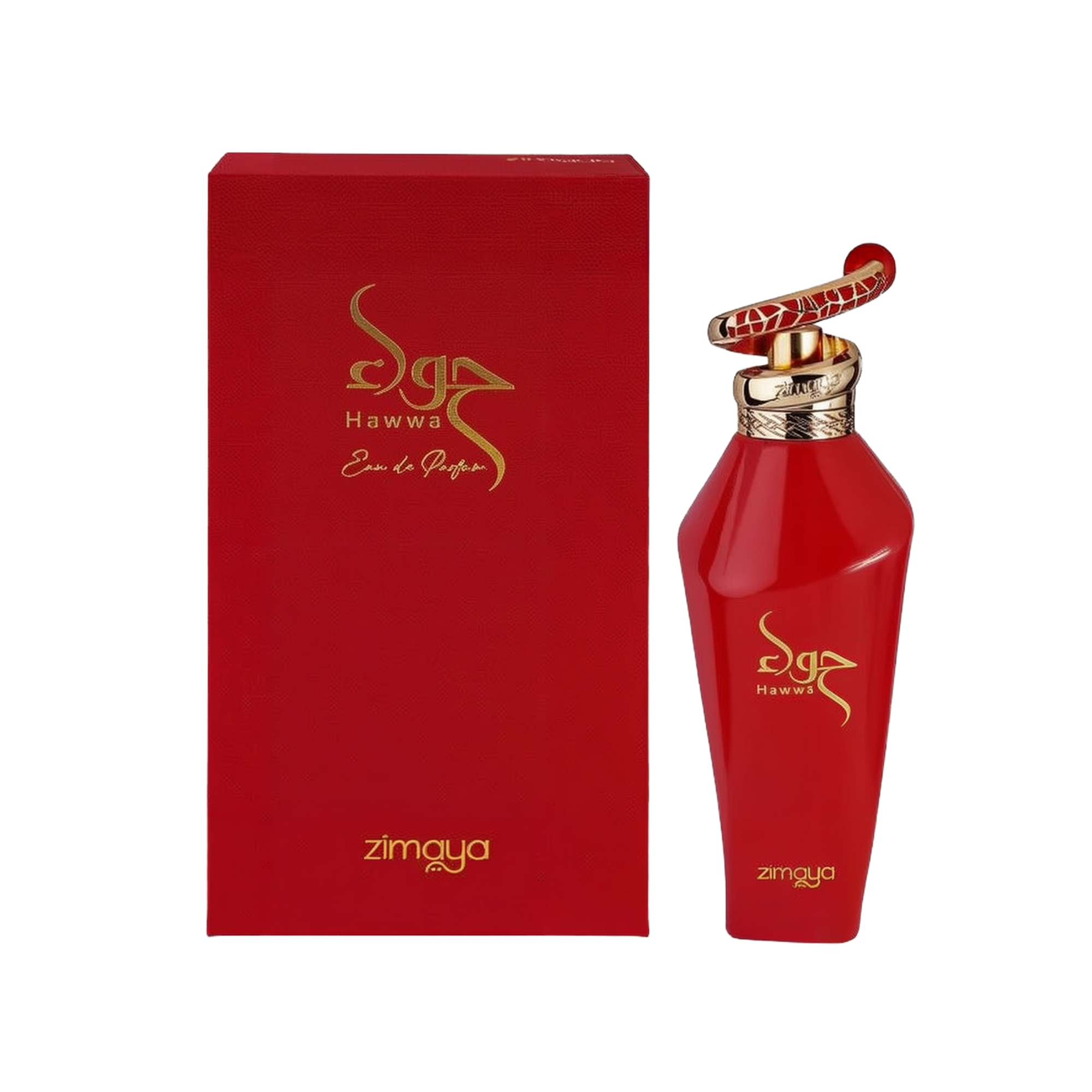The image features a red perfume bottle alongside its box. The bottle has a glossy red finish with a gold cap, topped by a distinctive ring with a red and gold patterned design. Gold lettering on the bottle spells out the brand's name in an elegant, cursive script followed by the word "zimaya" in a smaller, standard font. The rectangular box mirrors the bottle's color scheme and includes the same branding in gold lettering. The overall presentation suggests a luxurious fragrance product.