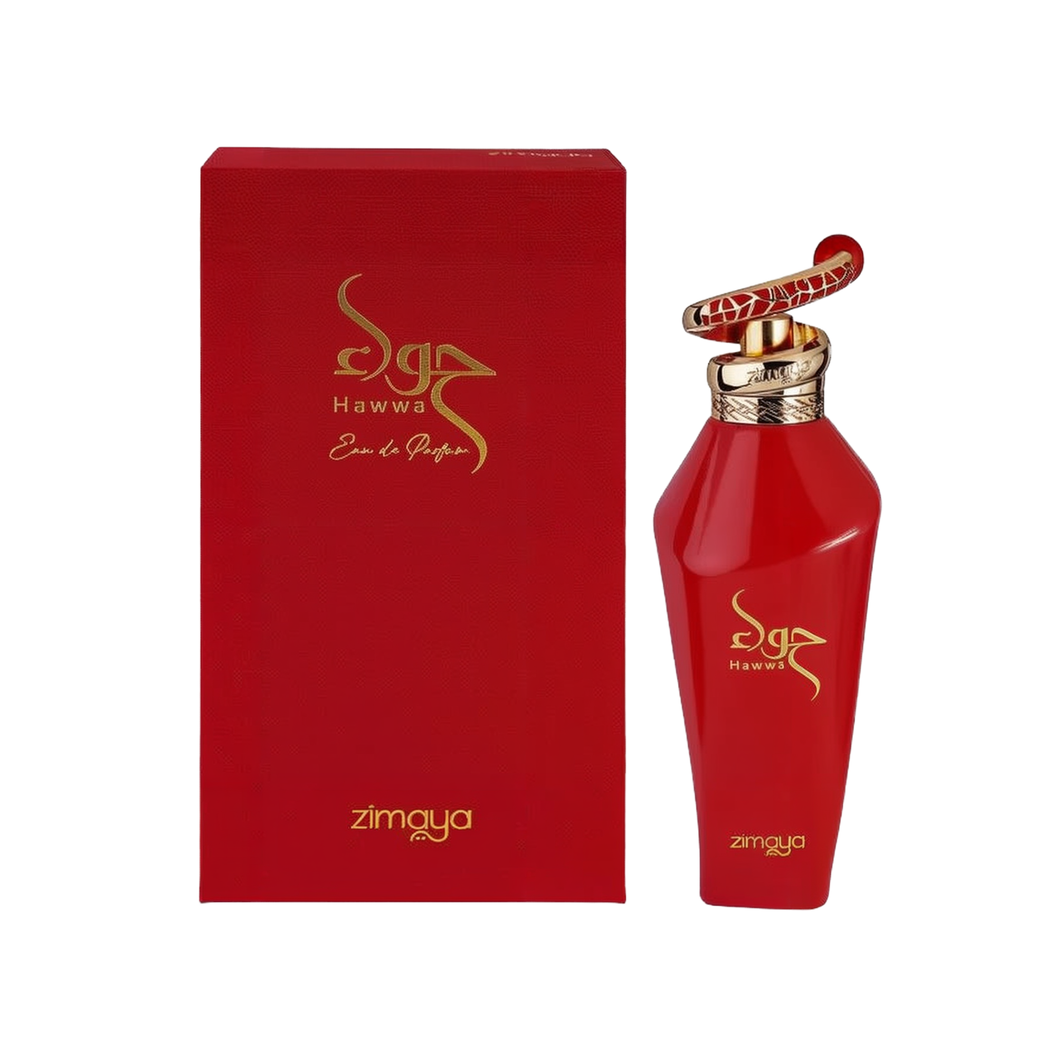 The image features a red perfume bottle alongside its box. The bottle has a glossy red finish with a gold cap, topped by a distinctive ring with a red and gold patterned design. Gold lettering on the bottle spells out the brand's name in an elegant, cursive script followed by the word "zimaya" in a smaller, standard font. The rectangular box mirrors the bottle's color scheme and includes the same branding in gold lettering. The overall presentation suggests a luxurious fragrance product.