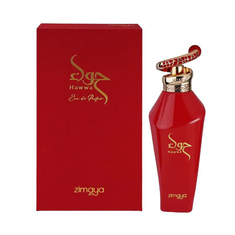 The image features a red perfume bottle alongside its box. The bottle has a glossy red finish with a gold cap, topped by a distinctive ring with a red and gold patterned design. Gold lettering on the bottle spells out the brand's name in an elegant, cursive script followed by the word "zimaya" in a smaller, standard font. The rectangular box mirrors the bottle's color scheme and includes the same branding in gold lettering. The overall presentation suggests a luxurious fragrance product.
