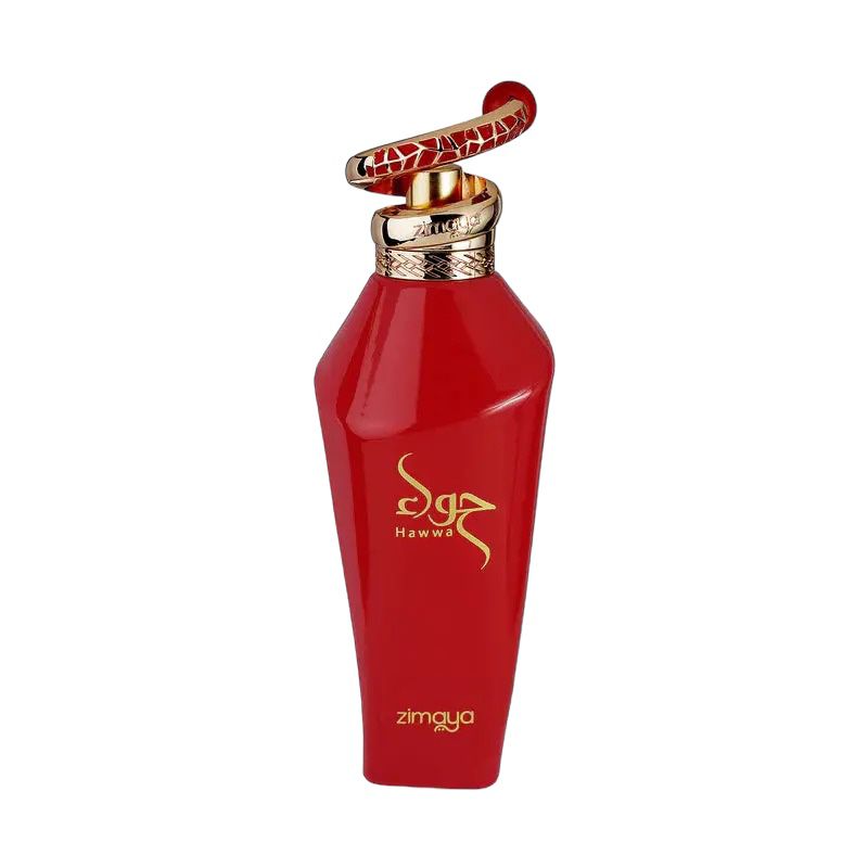 The image showcases a glossy red perfume bottle with a gold cap and a decorative gold and red patterned ring on top, resembling a handle. The front of the bottle features the brand's name in gold stylized cursive script, with the word "zimaya" directly below it in a smaller, simple font. The design conveys a sense of elegance and luxury.
