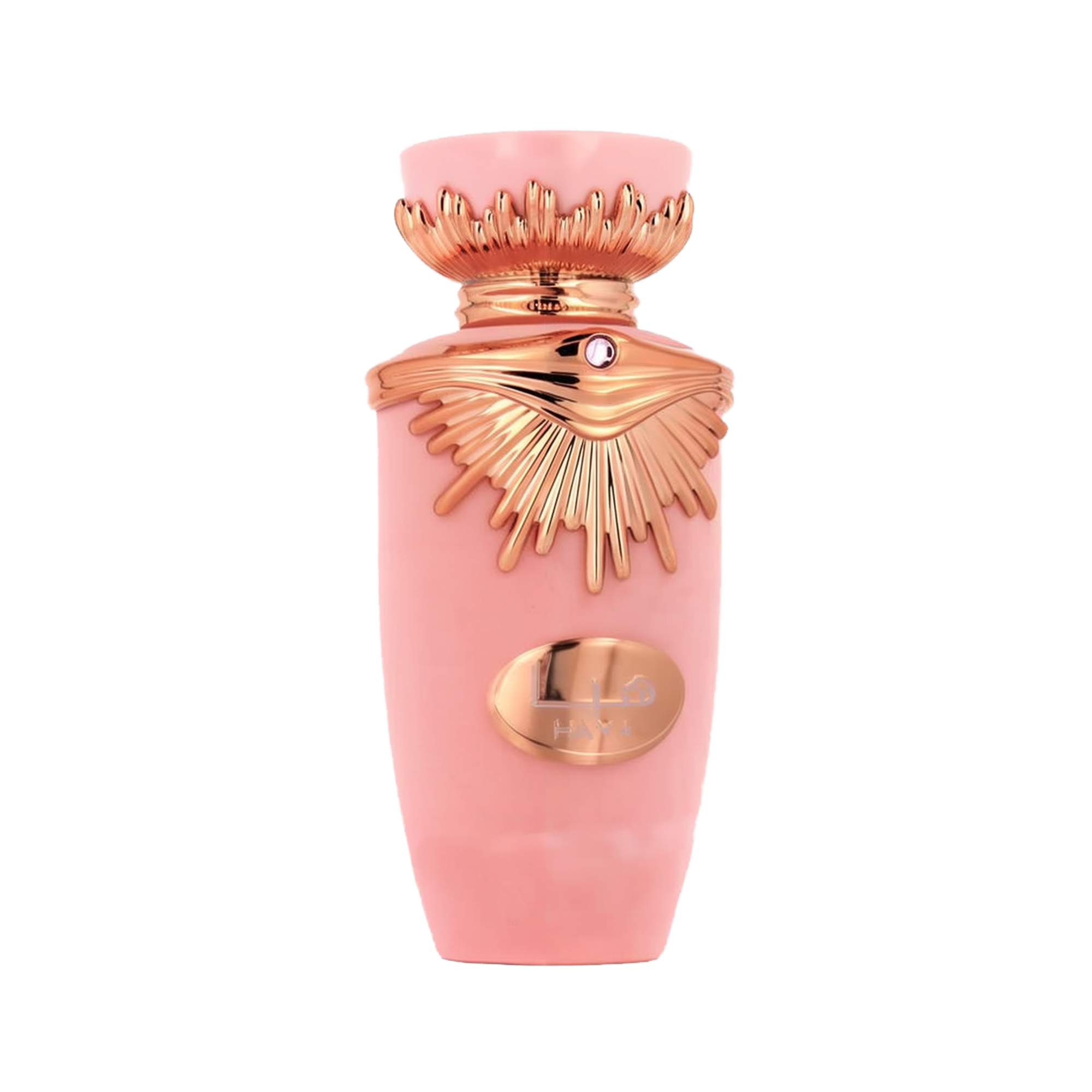The image is a product shot of a pink bottle with metallic rose gold accents. The bottle has a distinctive shape with a flared neck and a decorative element that resembles wings around the cap, which might indicate that it is a fragrance bottle. The center of the bottle features a metallic rose gold oval-shaped plaque with an emblem or logo. The cap also has a small, circular detail that could be a gemstone, adding to the luxurious appearance of the bottle. 