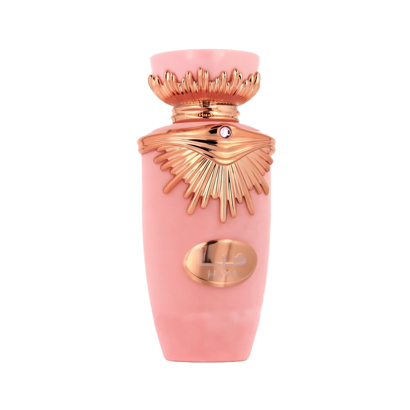 The image is a product shot of a pink bottle with metallic rose gold accents. The bottle has a distinctive shape with a flared neck and a decorative element that resembles wings around the cap, which might indicate that it is a fragrance bottle. The center of the bottle features a metallic rose gold oval-shaped plaque with an emblem or logo. The cap also has a small, circular detail that could be a gemstone, adding to the luxurious appearance of the bottle. 