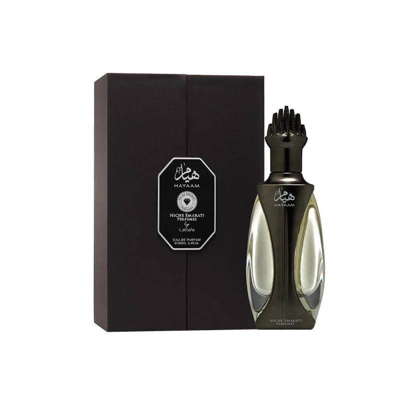 Hayaam Lattafa by Niche Emarati Perfumes, an elegant black gift box and a sleek perfume bottle featuring a sculpted cap.