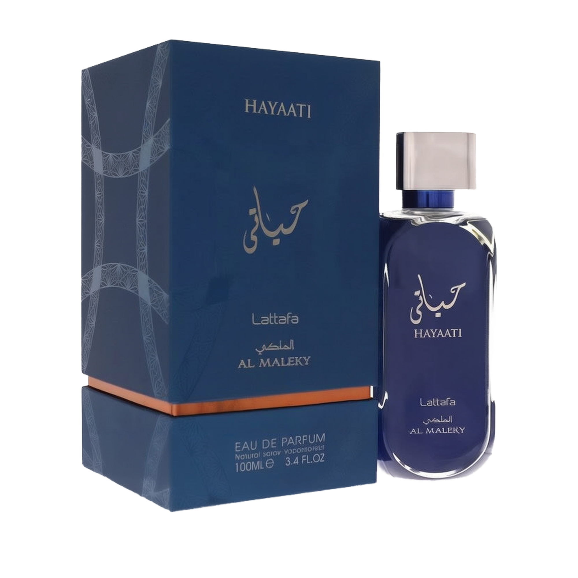 Image of Lattafa Hayaati Al Maleky Eau De Parfum bottle and packaging. The packaging is dark blue with silver text, featuring both English and Arabic lettering. The bottle is also dark blue, with a sleek design and a silver cap. The label on the bottle re