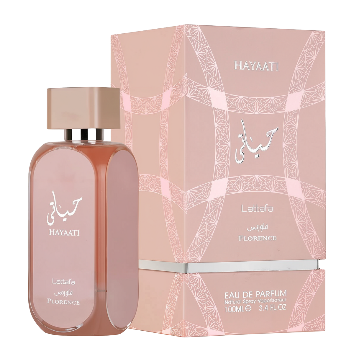 Hayaati Florence Eau de Parfum by Lattafa. The perfume bottle is rectangular with rounded edges, featuring a soft beige-pink hue and a silver cap. The front of the bottle displays the Hayaati branding in Arabic and English, with 'Lattafa' and 'Florence' w
