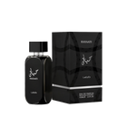 The image shows a black bottle of perfume from Lattafa with the name "Hayaati" written in both Arabic and English on the front. The bottle has a sleek, rectangular design with rounded edges and a silver ring around the neck. The packaging box, also black,